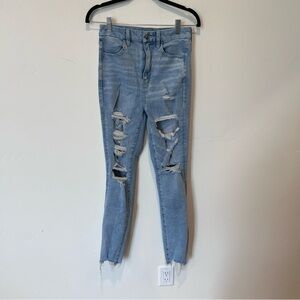American Eagle Blue Skinny Curvy Highest Rise Jegging Jean Distressed Size 6 Lon